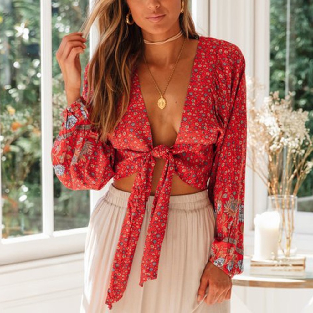 Boho Floral Print Gypsy Crop Top Tied Long Sleeve - Picture 7 of 16